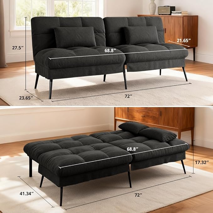 COMHOMA Convertible Futon Sofa Bed, 72″Fabric Futons Couch with Adjustable Backrest, Folding Sleeper Recliner for Living Room Furniture (Black)