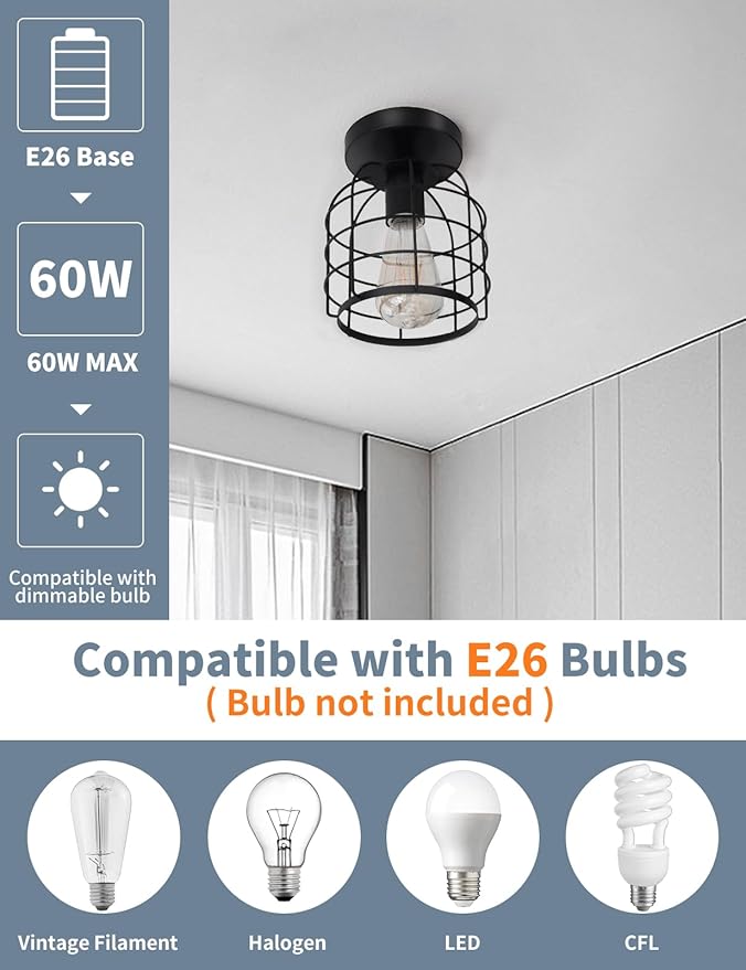 Industrial Semi Flush Mount Ceiling Light Fixture Black Farmhouse Lighting for Hallway, Kitchen, Dining Room, Bedroom, Modern Indoor Hanging Light (3 Pack)