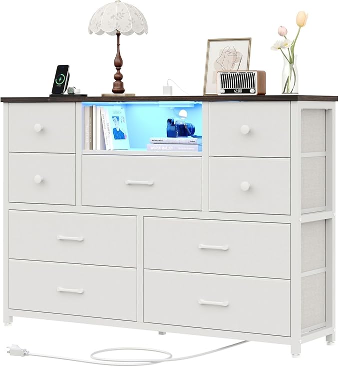NONGSHIM Dresser with Charging Station and LED Lights, Long Dressers for Bedroom Dresser TV Stand with 9 Drawers, Fabric Chest of Drawers with PU Finish, Wide Dressers Storage Organizer, White+Walnut