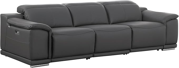 BlackJack Furniture Venice Top Grain Italian Leather Dual Power Recliner Sofa - 107" Theater Seating Modern Couch for Living Room Apartment Lounge Home with Adjustable Headrests & USB Port, Dark Grey
