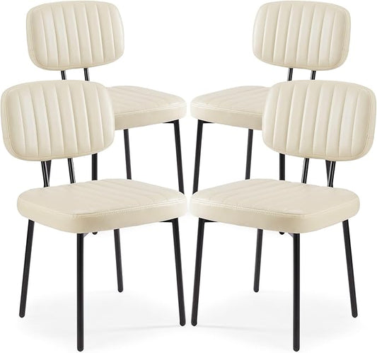 Sweetcrispy Dining Chairs Set of 4, Upholstered Mid Century Modern Kitchen Dining Room Accent Chairs with Faux Leather Cushion Seat & Metal Legs for Kitchen, Living Room - Beige White