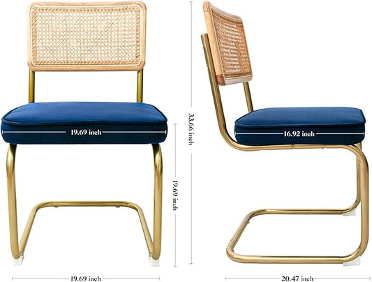 CangLong Velvet Dining Chairs Set of 2, Rattan Dining Chairs with Metal Legs & Natural Mesh Rattan Backrest, Armless Accent Chairs with Upholstered Cushion for Kitchen, Living Room, Blue