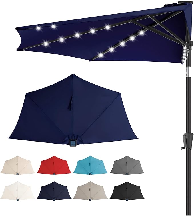 9ft Solar Half Umbrellas Outdoor - LED Half Patio Umbrella with 25 Lights, UV Protection Waterprool, Half Round Umbrella for Wall Balcony, Pool, Porch, Garden, Deck, Backyard, Navy Blue