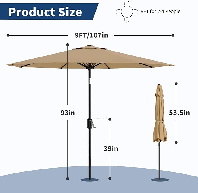9 ft Patio Umbrella - 8 Sturdy Ribs Outdoor Table Umbrella with Crank Lift & Push Button Tilt - Market Umbrella for Pool, Deck, Yard, Garden - Tan