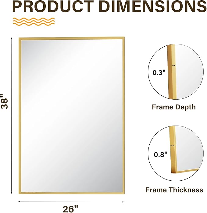 HARRITPURE 38"x26" Framed Bathroom Mirror for Wall Rectangle Mirror Aluminum Alloy Frame Wall-Mounted for Farmhouse Entryway Bedroom Living Room Gold