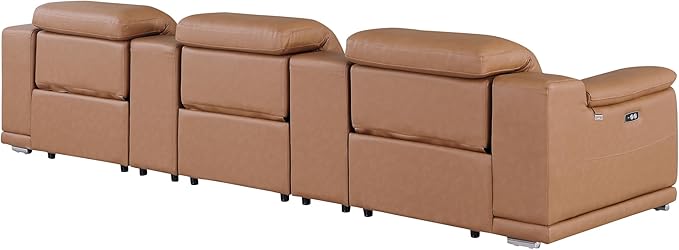 BlackJack Furniture Venice Top Grain Italian Leather Power Recline 5 Piece Sofa - 134" Theater Seating Modern Couch for Living Room Apartment Lounge Home with Adjustable Headrests & USB Port, Cognac