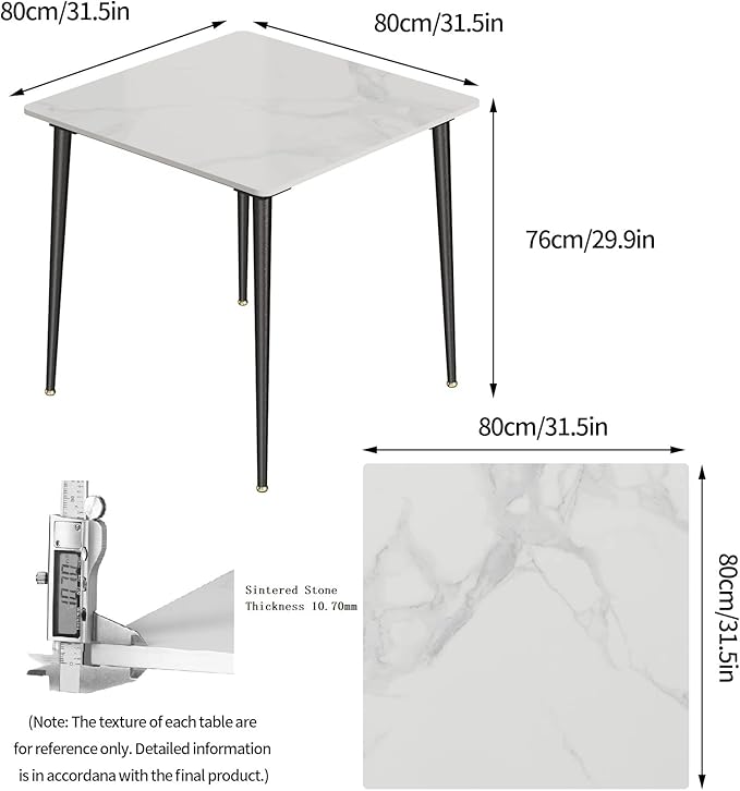 Wisfor Sintered Stone Dining Table: 32 Inch Square White Kitchen Breakfast Table with Black Metal Legs - 30 Inch High Restaurant Table for 4