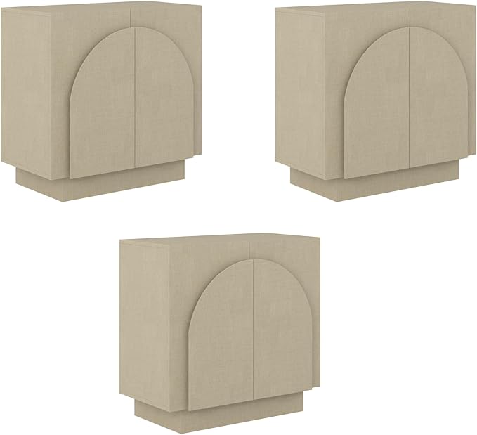 Nathan James Iris Mid Century Modern Arched Curio Cabinet with Beige Linen Finish, Wooden Storage Cabinet with Doors Set of 3