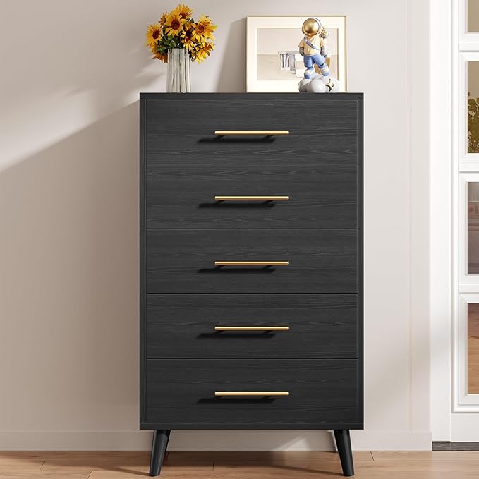 Aiho 5 Drawer Dresser, Tall Chest with Metal Handles, Wood Storage Organizer for Bedroom, Hallway, or Living Room, Black