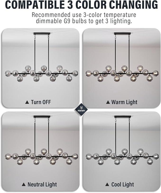 Modern Chandeliers for Dining Room Kitchen Island, 55" Long Large Linear Sputnik Globe Chandelier, 16-Light Mid Century Modern Light Fixture Over Table, Black and Smoke Grey Bubble, GC-08