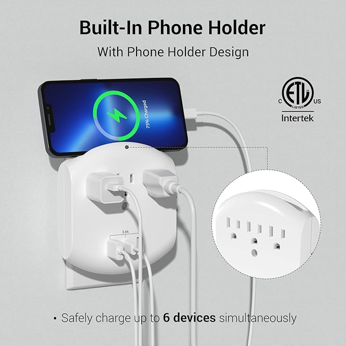 Clear Power 2-Pack USB Wall Charger, 3-Outlet Extender Wall-Tap with 3 USB Charging Ports(1 USB-C) & Nightlight, 3-Prong, White, ETL Listed, DC3S-10032P-DC