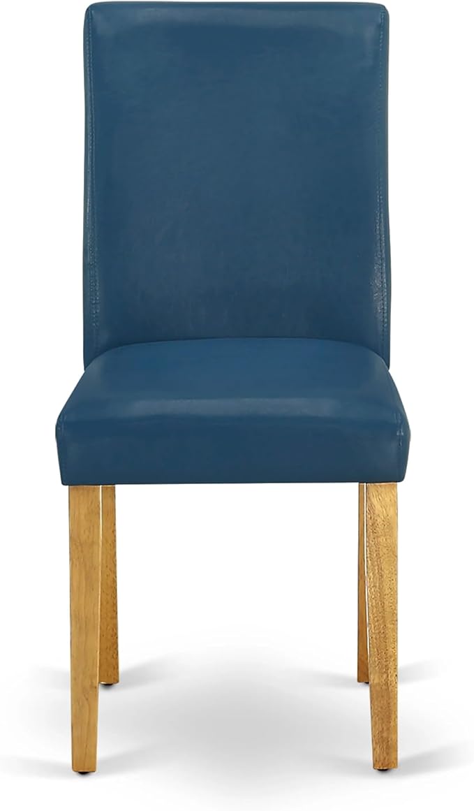 East West Furniture ANAB3-OAK-55 3 Piece Kitchen Table & Chairs Set Contains a Round Dining Room Table with Pedestal and 2 Oasis Blue Faux Leather Parsons Chairs, 36x36 Inch, Oak