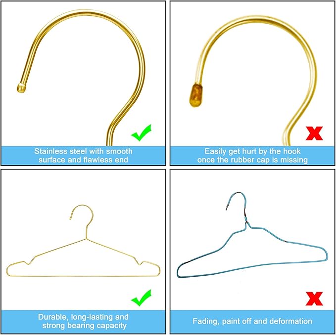 Clothes Hangers 50 Pack Coat Hangers Wire Hangars Bulk Metal Hanger Non Slip Heavy Duty Clothing Hangar Space Saving Thin Hangars Stainless Steel Hanger for Clothes, 16.5 Inch Gold
