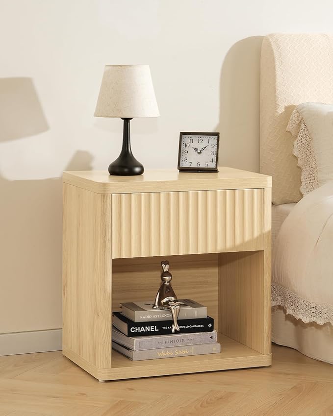 Night Stand Set of 2, Fluted Nightstand with Drawers, Wood Bedside Table with Storage, Bed Side Table Large Nightstands, End Tables Sofa Side Tables Night Stands for Bedroom Living Room