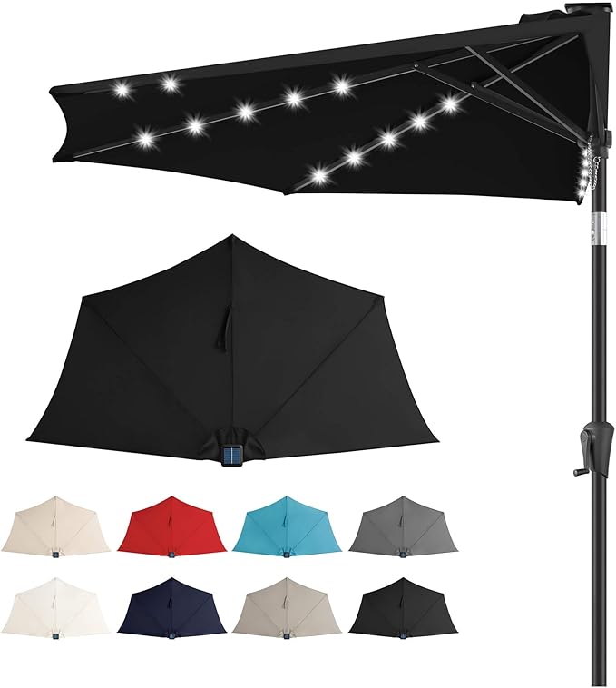 9FT Solar Half Umbrellas Outdoor - LED Half Patio Umbrella with 25 Lights, UV Protection Waterprool, Half Round Umbrella for Wall Balcony, Pool, Porch, Garden, Deck, Backyard, Black