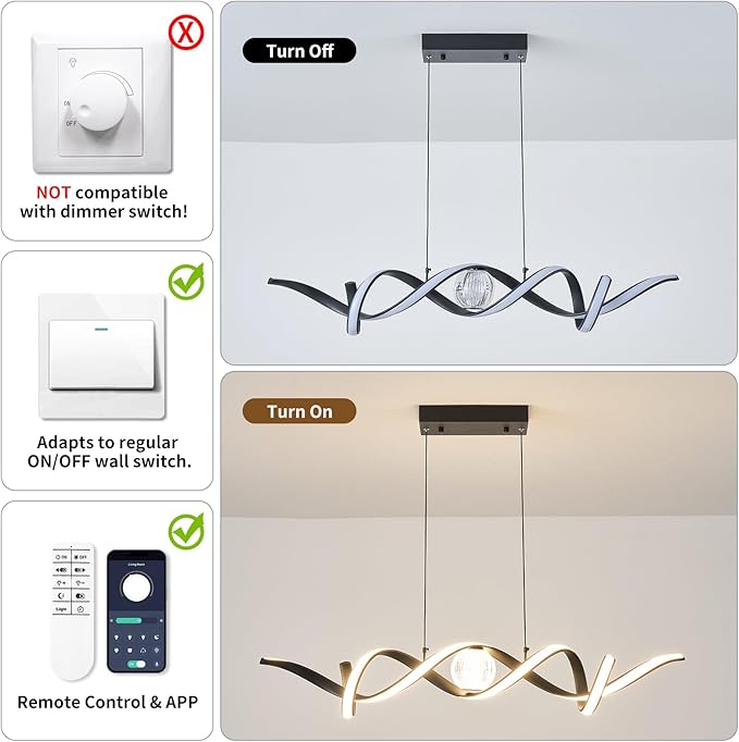 Modern LED Pendant Lights, Dimmable 39'' Spiral Wave LED Chandelier Lighting, Linear Swivel Black Dining Room Hanging Light Fixtures Kitchen Island Pendant Light for Dining Table (2340lm)