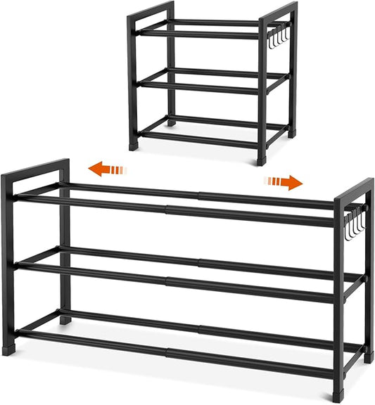 Expandable Shoe Rack for Closet Adjustable Metal Shoe Rack for Entryway 18.5"-33" Free Standing Shoe Organizer 12 Pairs with Hooks 3-Tier Small Shoe Shelf for Bedroom Garage Dorm Floor, Black