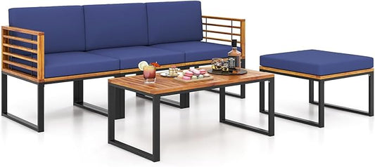Tangkula 5 Pieces Patio Conversation Set, Acacia Wood Chair Set with Ottoman & Coffee Table, Comfy Seat & Back Cushions, Outdoor Wood Furniture Set for Backyard, Poolside, Garden
