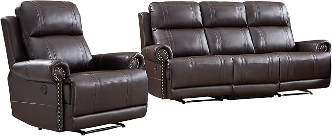 EBELLO Faux Leather Electric Reclining Sofa Set, Power Recliner Four Seats Sofa Set, a Chair and a 3-Seat Sofa with USB and Type-C Charging Ports, Vintage Rivet Design for Small Living Room, Brown