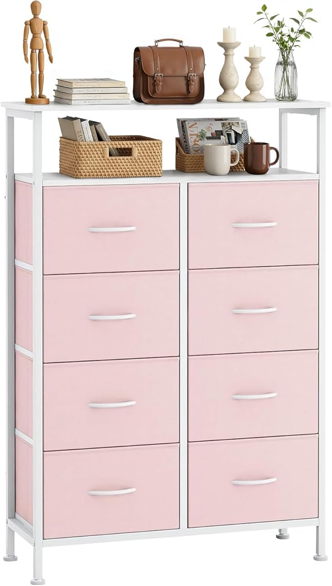8 Drawers Dresser with Open Shelf, 46" Tall Storage Organizer Chest of Drawer with Wooden Top, Sturdy Metal Frame for Bedroom, Hallway, Living Room, Pink