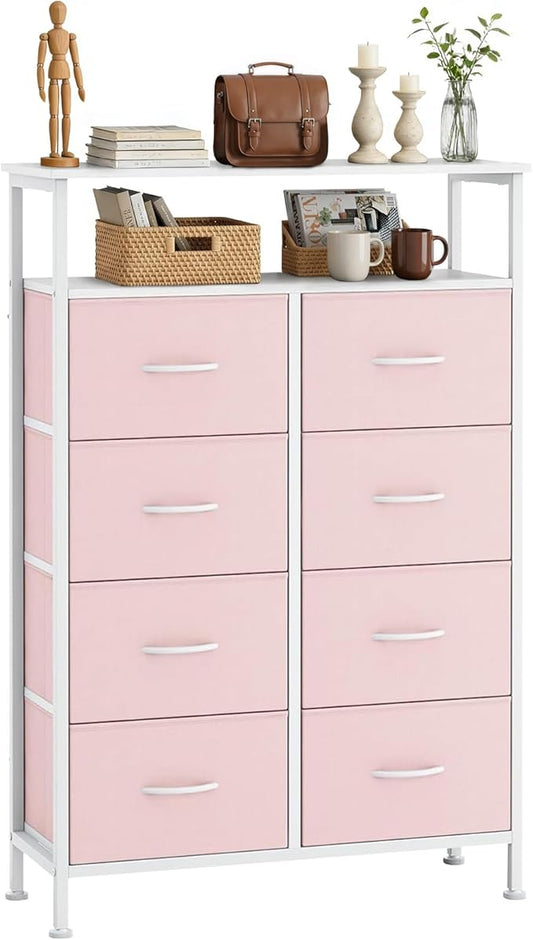 8 Drawers Dresser with Open Shelf, 46" Tall Storage Organizer Chest of Drawer with Wooden Top, Sturdy Metal Frame for Bedroom, Hallway, Living Room, Pink