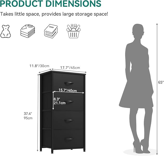 DWVO Storage Tower with 4 Drawers - Black Fabric Dresser, Organizer Unit for Room, Living Room, Closets - Sturdy Steel Frame, Easy Pull Fabric Bins & Wooden Top