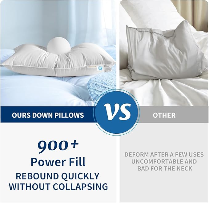 Canadian Luxury Goose Down Pillow Queen Size - 900 Fill Power, 100% Cotton with Teflon Shell- Ultra Comfort Sleep Pillows - Bed Pillows for Back, Stomach-fx(White,Queen(Pack of 2))