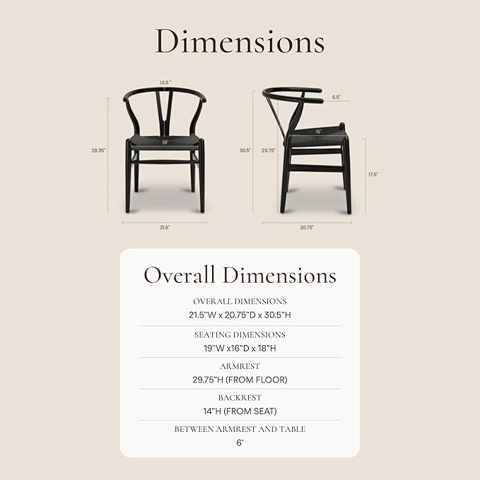Poly & Bark Weave Dining Chairs – Mid-Century Modern Wishbone Dining Chairs with Arms, Solid Wood Frame, Indoor Use – Pitch Black – Set of 2 - Ideal for Dining Room, Kitchen or Stylish Accent Setting
