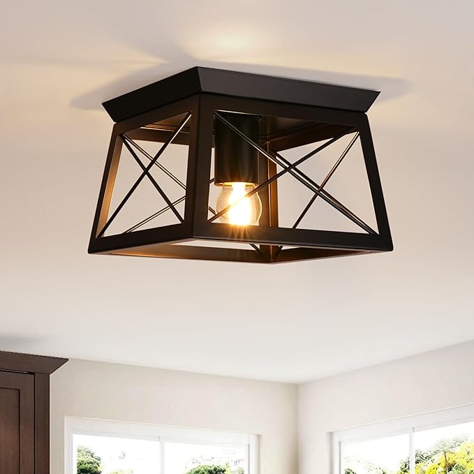 Farmhouse Ceiling Light Fixtures Black Flush Mount Ceiling Light 1-Light Industrial Metal-Framed Ceiling Lights, Rustic Flush Mount Ceiling Light for Hallway Kitchen Foyer Laundry Bedroom
