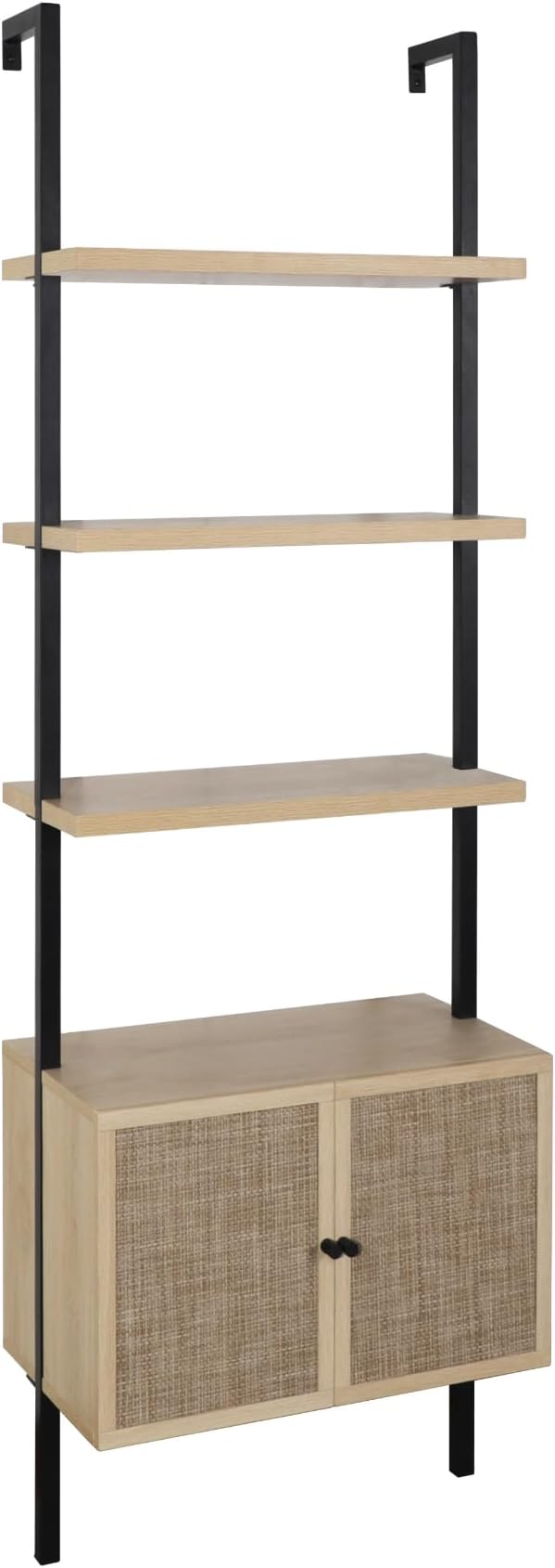 Nathan James Theo Industrial Open Shelf Bookcase with Accent Rattan Drawers Light Oak Wood, Matte Black Frame, Set of 2