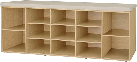 DINZI LVJ Shoe Storage Bench with Cushion, 13-Cubby Shoe Rack, Adjustable Shelves, Multifunctional Shoe Organizer Bench for Entryway, Mudroom, Hallway, Living Room, Bedroom and Garage, Natural