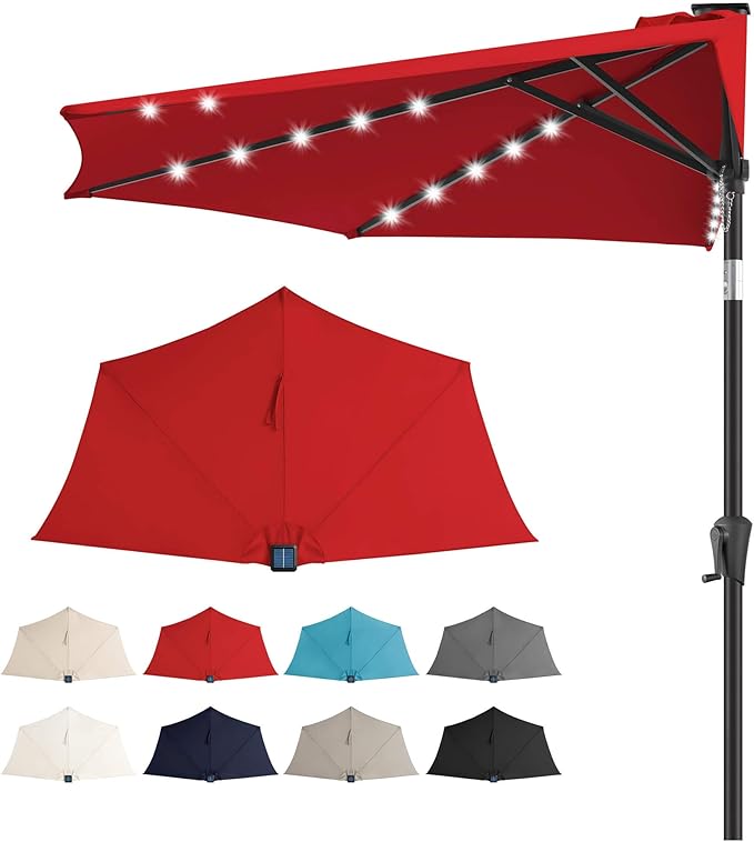 9ft Solar Half Umbrellas Outdoor - LED Half Patio Umbrella with 25 Lights, UV Protection Waterprool, Half Round Umbrella for Wall Balcony, Pool, Porch, Garden, Deck, Backyard, Red