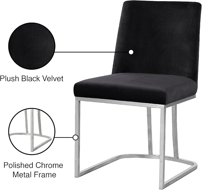 Meridian Furniture Heidi Collection Modern | Contemporary Velvet Upholstered Dining Chair with Polished Chrome Metal Frame, Set of 2, 19" W x 23" D x 32" H, Black