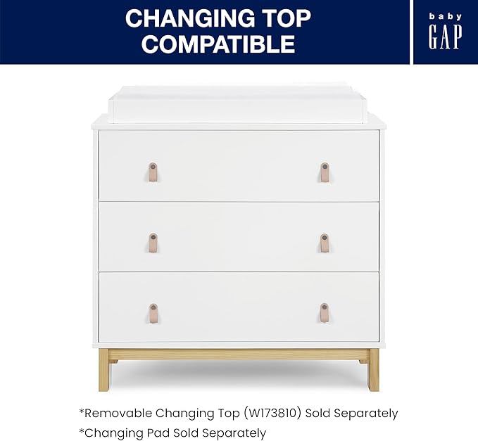 babyGap Legacy 3 Drawer Dresser with Leather Pulls and Interlocking Drawers by Delta Children, Bianca White/Natural