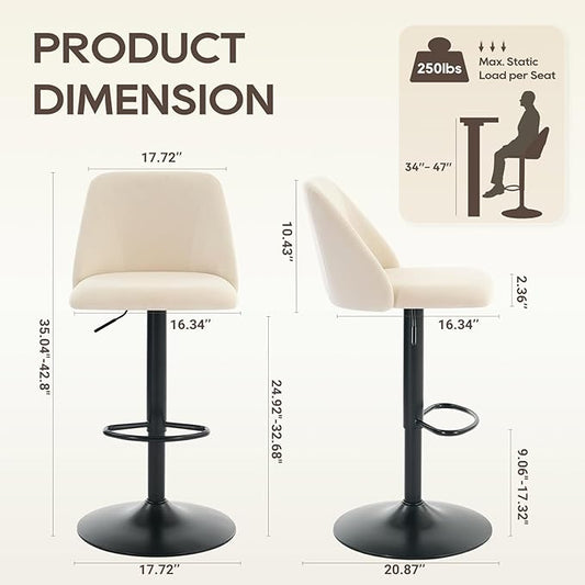 COLAMY Adjustable Fabric Bar Stools,360° Modern Swivel Counter Height Chairs with Soft Cushioned Seat & Stable Metal Base for Dining Room & Kitchen Island,Set of 3,250LBS