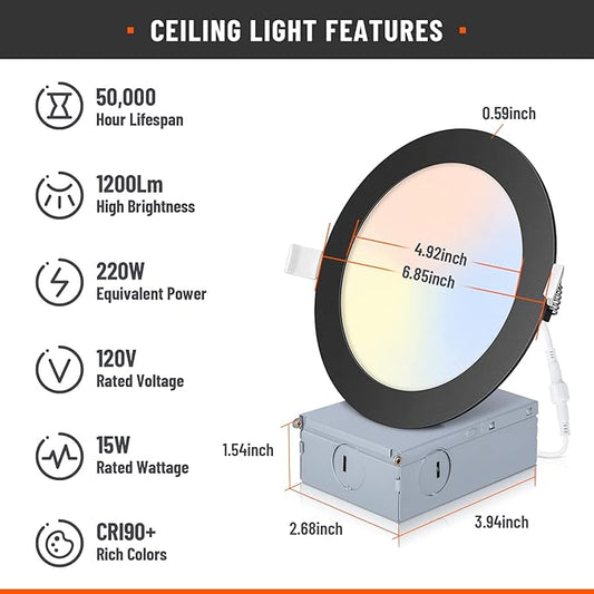 2 Pack Recessed Lighting 6 Inch with Junction Box, 5CCT 6 Inch Black LED Recessed Lights Dimmable 2700K/3000K/4000K/5000K/6000K, 15W1200lm Ultra Thin Recessed Lighting - ETL and Energy Star Certified