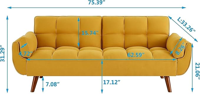 ERYE 75-Inch Tufted Upholstered Futon Sofabed Linen Loveseat Sofa Bed with Adjustable Backrest and Pillows for for Bedroom Living Room, Modern Convertible Futon Sleeper Bed