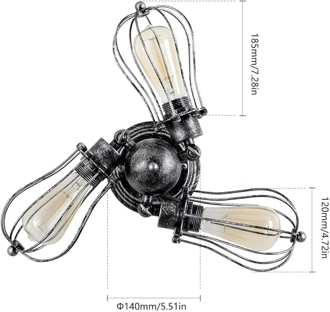 Vintage Ceiling Light Industrial Rotatable Semi-Flush Mount Ceiling Light Metal Lamp Fixtures Painted Finish (with 3 Light) (Silver)