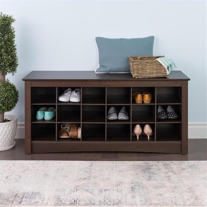 Prepac Brown Shoe Cabinet, Entryway Bench, Mud Room Organization and Storage Bench with 18 Shoe Cubbies 16"D x 48"W x 24"H