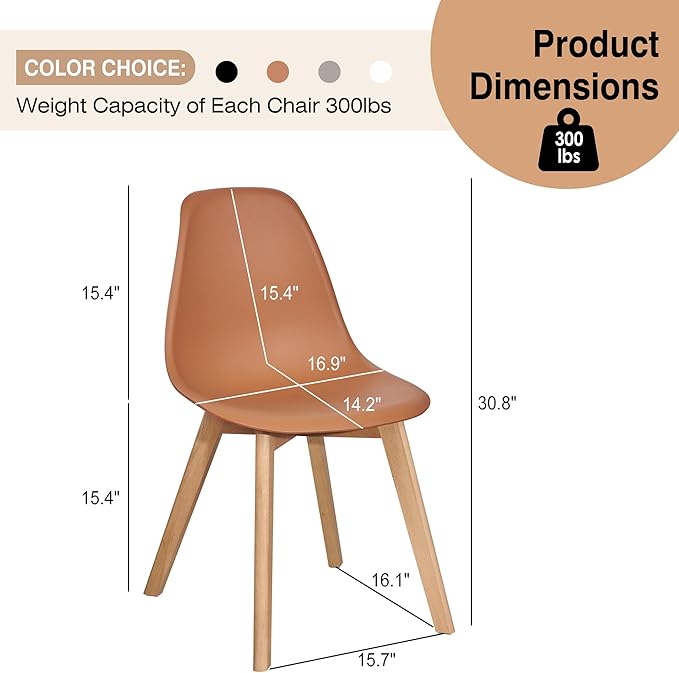 VECELO Dining Chairs Set of 4, Mid-Century Modern Kitchen & Dining Room Chairs, Molded Plastic Seat & Back, Solid Wood Legs, Armless, Non-Slip Feet, Orange