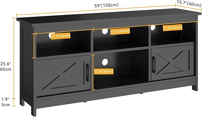 DWVO Farmhouse TV Stand for 65 Inch TV, Black Entertainment Center with LED Lights & Power Outlet, TV Media Console with Storage for Living Room, Black