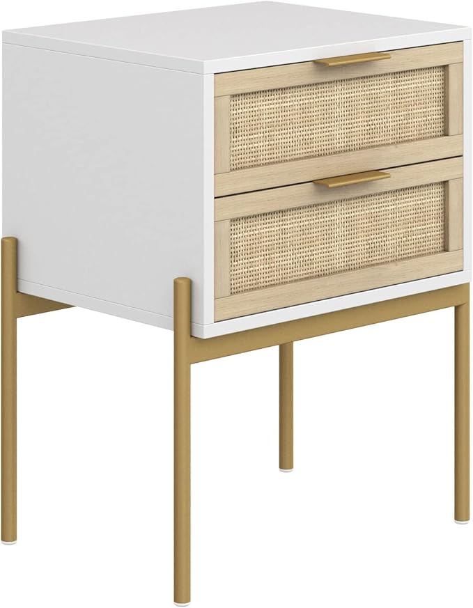 Andrew End, Bedside or Side Table in Matte White Finish with Two Natural Rattan Drawers Doors for Storage and Brass Gold Accents for Living Room or Bedroom, White/Cane/Gold