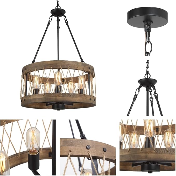 LALUZ Farmhouse Chandelier, 5-Light Rustic Drum Wood Dining Room Chandelier Light Fixture, Round Wooden Pendant Chandeliers Lights Fixtures for Dining Room, Living Room, Bedroom, Entryway