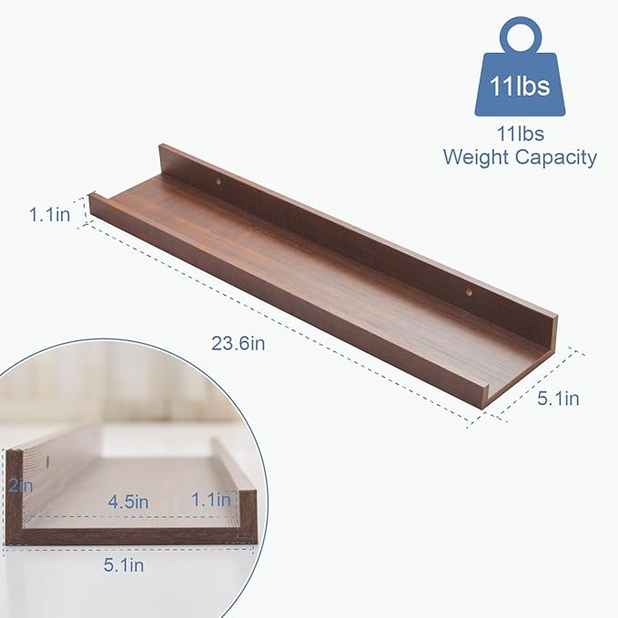 Wall Shelves for Living Room, Nursery Book Shelves Walnut Bathroom Shelves Over Toilet Floating Shelves for Wall, Modern Wood Storage for Bedroom, Kid's Room, Kitchen, 24inch, Set of 6