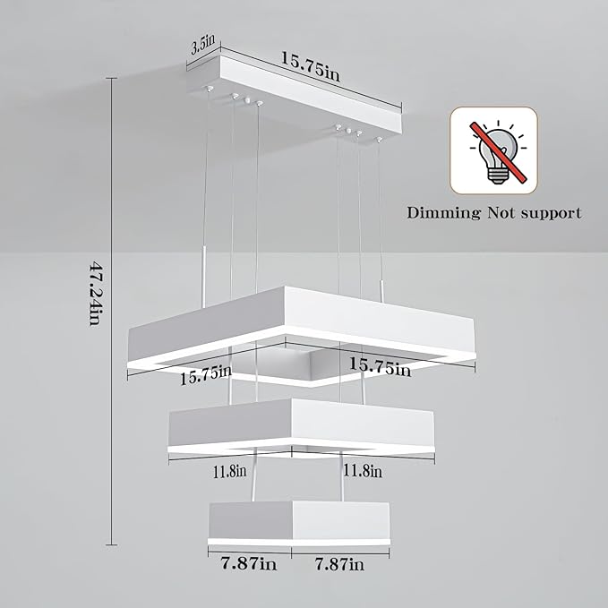 O'NEELDY 58W Square Chandelier Modern Pendnat Light with White Ring LED Chandeliers Adjustable Hanging Lamp Fixtures for Dining Room Kitchen Island Bedroom Cafe