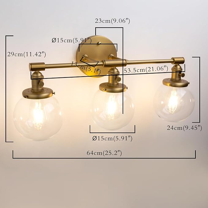 PERMO Bathroom Vanity Light Vintage 3 Light Wall Sconces with 5.9" Round Clear Glass Globe Shade (Antique Gold)