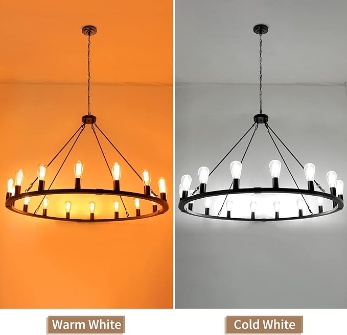 16-Light 48" Large Wagon Wheel Chandelier,Farmhouse Chandelier, Rustic Vintage Black Round Pendant Light Fixtures for Kitchen Island Dining Living Room Foyer Entryway