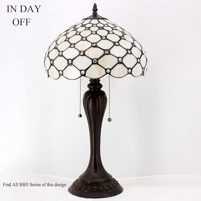 WERFACTORY Tiffany Lamp Stained Glass Table Lamp Cream Pearl Bead Style Desk Reading Light 12X12X22 Inches Decor Bedroom Living Room Home Office S005 Series