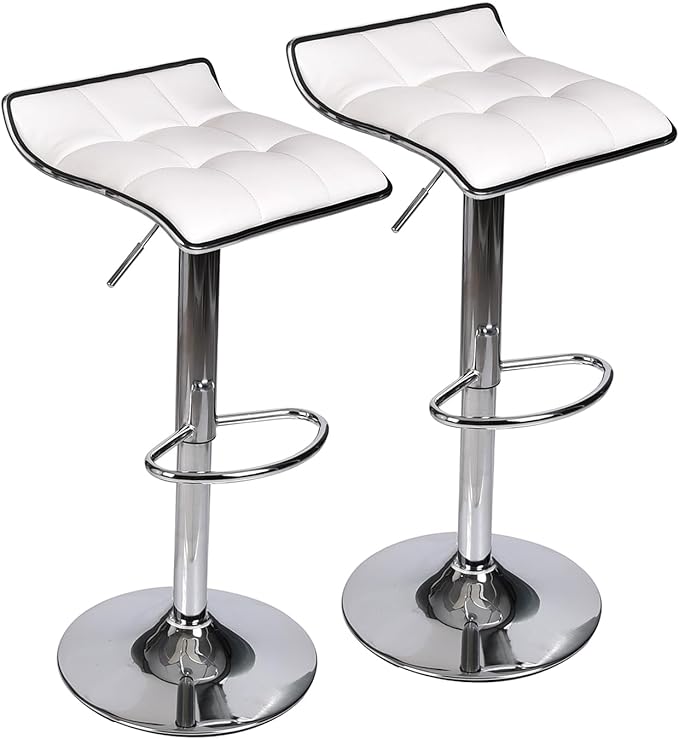 Set of 2 Barstool, Adjustable Swivel Gas Lift Bar Stools, PU Leather with Chrome Base, White