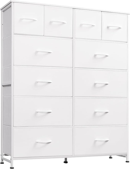 WLIVE Tall White Dresser for Bedroom with 12 Drawers, Dressers & Chests of Drawers, Fabric Dresser for Closet, Living Room, Storage Dressers with Storage Drawers, Steel Frame, Wood Top